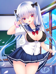 1girl absurdres black_bow black_bra blue_sailor_collar blue_skirt blush bow bra breasts cleavage cleavage_cutout clothes_lift clothing_cutout collarbone collared_shirt hair_between_eyes hair_bow highres indoors large_breasts long_hair looking_at_viewer open_mouth original pleated_skirt red_eyes ribbon sailor_collar school_uniform scrunchie shirt shitou_kazuaki short_sleeves sidelocks skirt skirt_lift smile solo underwear white_hair white_shirt wrist_scrunchie
