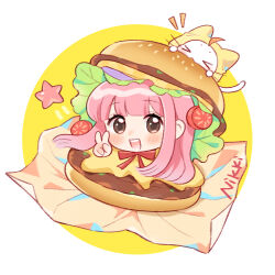 &gt;_&lt; 1girl ahoge animal artist_request blunt_bangs bow bowtie brown_eyes burger cat cheese chibi chinese_commentary circle cloak clothed_animal commentary_request copyright_name ear_covers eyelashes food foodification happy hood hood_up hooded_cloak lettuce light_blush long_hair looking_at_viewer momo_(nikki) napkin nikki_(nikki) nikki_(series) notice_lines official_art open_mouth pink_hair red_bow red_bowtie second-party_source shining_nikki smile star_(symbol) tareme teeth tomato tomato_slice two-tone_background upper_teeth_only v very_long_hair whiskers white_background white_cat yellow_background yellow_cloak