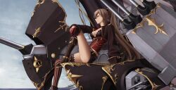 Rule 34 | 1girl, arm on knee, asymmetrical footwear, asymmetrical legwear, azur lane, belt, black jacket, black shorts, boots, breasts, brown hair, cannon, choker, cleavage, cleavage cutout, clothing cutout, corset, cross-laced clothes, earrings, epaulettes, flag, flagpole, gloves, gold trim, half gloves, high ponytail, highres, jacket, jean bart (azur lane), jewelry, kazuodum, knee boots, lace-up boots, long hair, long sleeves, looking to the side, machine, o-ring, o-ring choker, ponytail, red corset, red eyes, rigging, ship turret, short shorts, shorts, single knee boot, sitting, skull, skull belt, small breasts, striped clothes, striped thighhighs, thighhighs, vertical-striped clothes, vertical-striped thighhighs