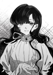 1girl :d akina_(akatsuki1218000) dress gloves gown gradient_background greyscale hand_up isolde_(reverse:1999) juliet_sleeves long_hair long_sleeves looking_at_viewer monochrome open_mouth puffy_sleeves reverse:1999 smile solo upper_body wavy_hair