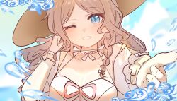 1girl ansy09080527 bang_dream! bang_dream!_it&#039;s_mygo!!!!! blue_eyes blush braid breasts brown_hat chinese_commentary choker cleavage commentary_request dress hat large_breasts nagasaki_soyo one_eye_closed open_mouth reaching reaching_towards_viewer side_braid sidelocks solo tucking_hair white_choker