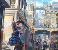 aircraft analog_clock architecture atmospheric_perspective black_headwear blue_dress boater_hat boots bridge brown_hair building car city classic_lolita claymore_(sword) clock day dirigible dress earrings frilled_dress frills frown green_eyes hat highres holding holding_map jewelry juliet_sleeves knee_boots knees_together_feet_apart lamppost lolita_fashion long_sleeves looking_around map maruimadoka motor_vehicle multiple_boys multiple_girls old_car original outdoors pantyhose pointy_ears puffy_sleeves short_hair solo_focus stairs standing steampunk stone_walkway suitcase sword sword_on_back victorian walking walkway weapon weapon_on_back