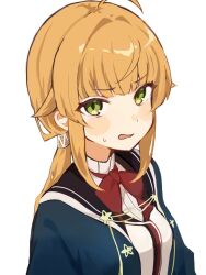 Rule 34 | 1girl, ahoge, baru 4416, blonde hair, blue jacket, blush stickers, bow, bowtie, breasts, embarrassed, eyebrows hidden by hair, green eyes, jacket, long hair, mushoku tensei, norn greyrat, open mouth, ponytail, ranoa magic academy school uniform, red bow, red bowtie, school uniform, simple background, small breasts, solo, sweatdrop, upper body, white background, white jacket
