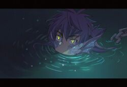 1boy chain chiyo_(miichiyochin) commentary fins fish_boy head_fins leon_(pokemon) letterboxed looking_ahead male_focus monster_boy mouth_under_water nintendo no_nose partially_submerged pokemon pokemon_swsh purple_hair ripples scales slit_pupils solo the_shape_of_water yellow_eyes