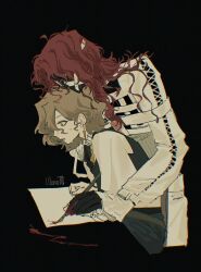 Rule 34 | 1boy, 1girl, aleph (reverse:1999), behind another, black background, black mask, black vest, brown hair, cowboy shot, from side, green eyes, guiding hand, heads together, holding, holding hands, holding pen, looking down, oji-sama (ochi4t), paper, pen, profile, recoleta (reverse:1999), red hair, reverse:1999, shirt, short hair, sweat, twitter username, vest, white shirt, writing