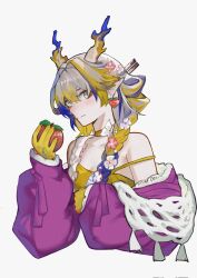 1girl arknights bare_shoulders blonde_hair braid breasts cleavage closed_mouth colored_extremities corrupted_twitter_file cropped_torso dragon_girl dragon_horns earrings food green_eyes grey_background grey_hair hair_between_eyes hair_over_shoulder highres holding holding_food horns ikmaln300_(mal008) jewelry light_smile long_hair long_sleeves looking_at_viewer off_shoulder official_alternate_costume pointy_ears purple_hair shu_(arknights) shu_(spring_feast)_(arknights) simple_background small_breasts solo strap_slip