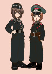 belt black_belt black_footwear black_jacket brown_belt collar_tabs combat_helmet cross cuff_title full_body german_army germany girls_und_panzer hand_on_own_hip hat hat_ornament helmet iron_cross jacket looking_at_viewer looking_to_the_side military military_uniform nazi nishizumi_maho nishizumi_miho peaked_cap reichsadler siegrunen skull_hat_ornament ss_insignia ss_uniform stahlhelm swastika totenkopf waffen-ss wehrmacht world_war_ii yasu_(luchs&amp;mardar)