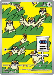 animal_focus artist_name bananajerky bird card_(medium) character_name closed_mouth company_name copyright_name copyright_notice english_text flat_color gen_1_pokemon grass nintendo no_humans official_art open_mouth pidgey pokemon pokemon_(creature) pokemon_card pokemon_focus pokemon_tcg sign third-party_source trading_card
