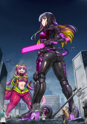 :o \o/ arms_up ass black_bodysuit black_hair blonde_hair blue_eyes bodysuit boots breasts building character_request colored_inner_hair commentary_request destruction dinosaur_costume ebizome from_behind giant giantess girls&#039;_frontline girls&#039;_frontline_neural_cloud highres hood hooded_jacket jacket kaiju knee_pads lab_coat looking_back medium_breasts motor_vehicle multicolored_hair multiple_girls nascita_(neural_cloud) navel night open_clothes open_jacket open_mouth outstretched_arms pantyhose pink_eyes pink_hair profile purple_hair puzzle_(neural_cloud) red_pantyhose shoulder_pads size_difference skindentation small_sweatdrop streaked_hair truck two-tone_gloves utility_pole wavy_mouth yellow_jacket