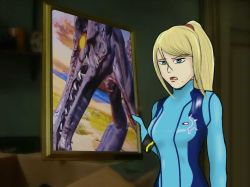 1girl 3d alien aqua_bodysuit arm_at_side artist_request blonde_hair blue_eyes bodysuit bracelet breasts clenched_hand collarbone dragon hair_between_eyes hand_up holding indoors it&#039;s_always_sunny_in_philadelphia jewelry large_breasts long_hair looking_at_viewer meme metroid mole mole_under_mouth monster neck nintendo open_mouth painting_(object) parody ponytail print_bodysuit profile ridley samus_aran screenshot_inset side_bangs sidelocks skin_tight smug source_request standing super_smash_bros. zero_suit