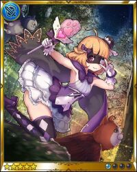 argyle_clothes argyle_thighhighs blonde_hair bow bowtie cloak eyepatch forest gloves hat holding holding_staff magical_girl mask nature night night_sky official_art owlcat owlcat_girl pink_eyes purple_bow purple_bowtie shingeki_no_bahamut short_hair sky staff thighhighs top_hat v white_gloves