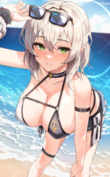 1girl absurdres adjusting_eyewear arm_belt bare_shoulders belt bikini bikini_skirt breasts cleavage commentary day english_commentary eyewear_on_head front-tie_bikini_top front-tie_top green_eyes grey_hair hair_between_eyes hair_intakes hand_on_eyewear highres hololive large_breasts leaning_forward lessone looking_at_viewer mole mole_on_breast outdoors parted_lips shirogane_noel shirogane_noel_(summer_2020) short_hair solo sunglasses swimsuit teeth thigh_belt thigh_strap virtual_youtuber water wet wrist_cuffs