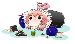 Rule 34 | 1girl, :3, arch bishop (ragnarok online), commentary request, cup, dress, eating, food, food on face, hat, open mouth, pink hair, poring, ragnarok online, red dress, red hat, rice, rice on face, santa hat, sasamuke pika, short hair, slime (creature), solid circle eyes, solo, sushi, upper body, yunomi
