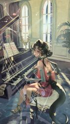 Rule 34 | 1girl, absurdres, anjo nala, arched window, bare shoulders, bass clef, beamed eighth notes, black hair, blue carpet, breasts, curled horns, day, dress, eighth note, from side, full body, gloves, grand piano, green tail, grey gloves, grey horns, grey shoes, high heels, highres, horns, indoors, instrument, lizard tail, long dress, long hair, looking to the side, low horns, medium breasts, meizijie, musical note, musical staff, parted lips, piano, pink dress, plant, purple eyes, quarter note, reverse:1999, shoes, side slit, sitting, sixteenth note, sleeveless, sleeveless dress, solo, sunlight, tail, window