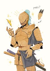 1boy armor closed_mouth covered_eyes cowboy_shot dark_skin elden_ring elden_ring_nightreign english_text executor_(elden_ring) facing_viewer feathers heart helmet helmet_over_eyes highres katana light_smile notice_lines scabbard scar scar_on_chest sheath solo sparkle standing sword topknot weapon white_background ya_ya_(jiling651)