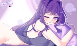 1girl absurdres artist_name bed black_shirt breasts doki_doki_literature_club from_side hair_ornament highres hugging_object long_hair lying medium_breasts no_panties on_bed on_stomach one_eye_closed pillow pillow_hug purple_eyes purple_hair shirt signature simple_background vioswirl yuri_(doki_doki_literature_club)