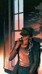 Rule 34 | 1boy, amuii, arm up, belt, black coat, black hat, chain, cigarette, closed eyes, coat, commentary, crew neck, english commentary, eyelashes, frown, grey shirt, hand in pocket, hat, highres, holding, holding cigarette, jojo no kimyou na bouken, kuujou joutarou, long sleeves, male focus, peaked cap, pectorals, shirt, smoking, solo, standing, window