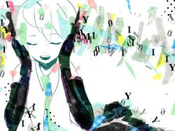 1girl abstract aqua_hair bad_id bad_pixiv_id closed_eyes gloves hatsune_miku long_hair meola twintails vocaloid white_background