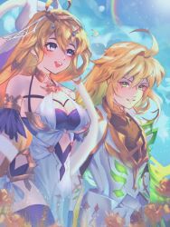 1boy 1girl :d ahoge bare_shoulders blonde_hair breasts brother_and_sister cleavage commentary dragalia_lost english_commentary euden euden_(bondforged) hair_between_eyes long_hair official_alternate_costume open_mouth rainbow siblings smile vaccariia very_long_hair zethia zethia_(bondforged)