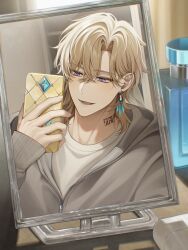 1boy absurdres aventurine_(honkai:_star_rail) blonde_hair blue_eyes cellphone earrings grey_hood hair_between_eyes highres holding holding_phone honkai:_star_rail honkai_(series) hood hooded_jacket jacket jewelry long_hair male_focus mirror multicolored_eyes neck_tattoo open_mouth phone pink_eyes shirt smartphone smile solcha solo tattoo white_shirt