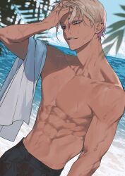 Rule 34 | 1boy, abs, biceps, blonde hair, blue lock, collarbone, commentary request, dark-skinned male, dark skin, hand on own head, highres, korean commentary, kynd red, male focus, multicolored hair, navel, no nipples, ocean, pants, pectorals, pink eyes, pink hair, plant print, shidou ryuusei, short hair, sky, solo, standing, toned, toned male, topless male, towel, towel on arm, twitter username, wet, wet hair