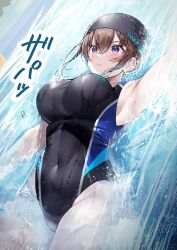 1girl black_one-piece_swimsuit blue_eyes bouncing breasts competition competition_swimsuit covered_navel hawawa-chan_(shiro_kuma_shake) highleg highleg_one-piece_swimsuit highres lane_line large_breasts one-piece_swimsuit original partially_submerged pool sirokuma_shake smile solo swim_cap swimming swimsuit two-tone_swimsuit underwater wet wet_clothes wet_swimsuit