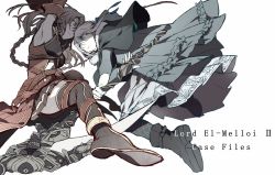 2girls aqua_eyes armor armpits boots braid breasts brown_eyes brown_hair cape cloak clothing_cutout copyright_name crown_braid detached_sleeves dress fate_(series) fighting fur-trimmed_cloak fur_trim gray_(fate) grey_cape grey_dress hephaestion_(fate) highres hood hood_down hooded_cloak long_hair long_sleeves lord_el-melloi_ii_case_files midriff multiple_girls pantyhose redoxhn scythe shoe_soles stomach_cutout thigh_boots white_background
