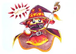 Rule 34 | bad id, bad pixiv id, belt, cape, clenched hands, cosplay, dress, english text, flamberge (kirby), gloves, greeneggsandham, hat, kirby star allies, kirby (series), kono subarashii sekai ni shukufuku wo!, looking at viewer, megumin, megumin (cosplay), nintendo, purple eyes, red dress, red hair, short hair with long locks, solo, staff, takahashi rie, voice actor connection, white gloves, witch hat