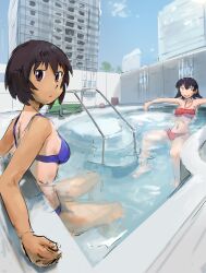 2girls absurdres azumanga_daiou day highres kagura_(azumanga_daioh) liamickpie looking_at_viewer multiple_girls pool sitting spa stairs swimsuit takino_tomo tan water