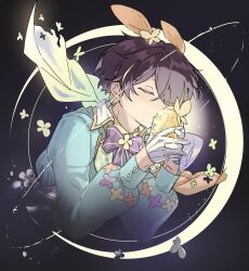 Rule 34 | 1boy, animal ears, black background, blonde hair, bow, bowtie, bug, butterfly, capelet, closed eyes, closed mouth, collared shirt, crescent moon, cropped torso, easter, easter egg, egg, ensemble stars!, floating cape, floral print jacket, flower, gloves, glowing, green jacket, hair over one eye, highres, holding, insect, interlocked fingers, jacket, light blush, long sleeves, male focus, moon, multicolored hair, object kiss, official alternate costume, one eye covered, or i, orange capelet, puffy long sleeves, puffy sleeves, purple bow, purple bowtie, purple hair, rabbit ears, sengoku shinobu, shirt, short hair, solo, streaked hair, white capelet, white flower, white gloves, wing collar, yellow butterfly, yellow flower