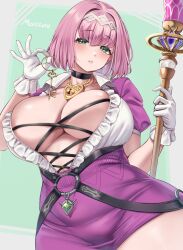 1girl artist_name black_choker blush breasts choker commentary commission curvy earrings english_commentary gillene_(kouyou_manju) gloves green_background green_eyes highres holding huge_breasts jewelry key mixed-language_commentary moisture_(chichi) original parted_lips pendant pink_hair pixiv_commission plump short_hair simple_background solo white_gloves