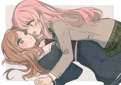 2girls bang_dream! bang_dream!_it&#039;s_mygo!!!!! blue_eyes blush brown_hair chihaya_anon dress fang grey_eyes haneoka_school_uniform highres long_hair long_sleeves multiple_girls nagasaki_soyo open_mouth pink_hair school_uniform seri_(vyrlw) tsukinomori_school_uniform yuri