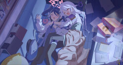 2girls :d absurdres ahoge akemi_(blue_archive) antenna_hair armband black_pantyhose blanket blue_archive blue_armband blue_hair blue_necktie blue_skirt blue_vest blush braid closed_eyes commentary cuffs cup donut drooling food fubuki_(blue_archive) gloves grey_hair halo handcuffs highres jacket kirino_(blue_archive) long_hair long_sleeves lying miniskirt mouth_drool multicolored_hair multiple_girls necktie on_back on_side open_clothes open_jacket open_mouth pantyhose pink_halo professor_niyaniya_(blue_archive) purple_armband red_eyes same_(samefgo) shirt skirt sleeping sleeping_on_person sleeves_past_wrists smile streaked_hair twin_braids unworn_gloves vest wakamo_(blue_archive) wanted_poster white_gloves white_hair white_jacket white_shirt wide-eyed