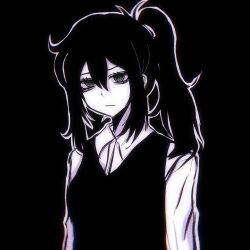 1girl aegyo_sal anmo418 annoyed antenna_hair arms_at_sides black_background breasts chinese_commentary chromatic_aberration closed_mouth collared_shirt commentary_request cowlick double-parted_bangs empty_eyes film_grain frown green_eyes greyscale hair_between_eyes hair_tie high_contrast high_ponytail highres long_hair long_sleeves looking_at_viewer monochrome ponytail renee_graves ringed_eyes shirt sidelocks simple_background small_breasts solo spot_color sweater_vest the_coffin_of_andy_and_leyley upper_body