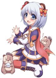 1girl animal_ears belt blazer blue_eyes blush boots bow breasts cape collared_shirt commentary_request commission fake_animal_ears fang full_body genetic_(ragnarok_online) grey_hair hair_bow highres jacket kuma_king looking_at_viewer looking_to_the_side medium_breasts miniskirt monkey_ears necktie official_alternate_costume open_mouth purple_belt purple_necktie purple_skirt ragnarok_online red_bow red_cape red_shirt red_thighhighs shirt short_hair simple_background sitting skeb_commission skin_fang skirt smile solo stuffed_animal stuffed_toy teddy_bear teddy_bear_(ragnarok_online) thighhighs transparent_background wariza white_boots white_jacket yellow_bow
