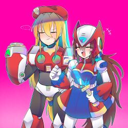 Rule 34 | 1boy, 1girl, arm cannon, armor, blonde hair, blue dress, blush stickers, brown hair, chest jewel, chikuwa (kari), clenched hand, closed eyes, cosplay, cowboy shot, dress, energy sword, forehead jewel, headwear switch, highres, holding, holding sword, holding weapon, iris (mega man), long hair, mega man (series), mega man x (series), pink background, ponytail, red armor, red dress, smug, sword, weapon, z saber, zero (mega man), zero (mega man) (cosplay)