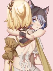 2girls absurdres aglaea_(honkai:_star_rail) animal_ear_fluff animal_ears aqua_eyes backless_dress backless_outfit bare_back blonde_hair cat_ears cipher_(honkai:_star_rail) commentary dress from_behind grey_hair highres honkai:_star_rail honkai_(series) hood hug multiple_girls pink_background pinkuma short_hair short_sleeves simple_background upper_body