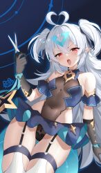 1girl absurdres antenna_hair bare_shoulders blue_skirt breasts brown_leotard covered_navel designer_lilibet_(epic_seven) detached_sleeves epic_seven garter_straps gloves gluteal_fold grey_gloves hand_up highleg highleg_leotard highres holding holding_scissors leotard lilibet_(epic_seven) long_hair looking_at_viewer microskirt open_mouth pointy_ears red_eyes scissors serin199 skirt small_breasts solo thighhighs thighs tongue tongue_out two_side_up v-shaped_eyebrows very_long_hair white_hair