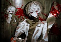 1girl absurdres arm_behind_back black_gloves black_sweater blood blood_in_hair blood_on_clothes blood_on_face blood_splatter bloody_weapon bouquet chibi chibi_inset coat commission deformed flower gloves grey_hair highres holding holding_bouquet lab_coat long_sleeves looking_at_viewer multiple_views nata_(tool) open_clothes open_coat orange_flower original red_eyes senakira short_hair skeb_commission smile sweater turtleneck turtleneck_sweater upper_body weapon weapon_against_wall white_coat white_flower