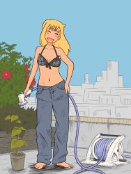1girl :d afunai barefoot black_bra blonde_hair bra casual clothes_writing denim gyaru high_school_girls highres hose hose_nozzle jeans mob_face navel open_mouth pants plant rooftop sexually_suggestive smile tagme underwear