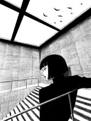 Rule 34 | bird, black hair, black shirt, bob cut, day, glass ceiling, greyscale, highres, looking to the side, medium hair, monochrome, original, railing, shirt, stairs, tile wall, tiles, tp p pt