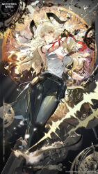 1girl absurdres arm_strap arm_support black_choker black_gloves black_horns black_pants black_tail blonde_hair breasts bright_pupils choker cleavage commentary copyright_notice curled_horns dadijiji demon_tail english_commentary feet_out_of_frame fire flame-tipped_tail gloves greatsword hair_between_eyes hair_spread_out highres holding holding_sword holding_weapon horns large_breasts logo long_hair looking_at_viewer mole mole_on_breast necktie necktie_around_wrists official_art pants parted_lips red_eyes red_necktie second-party_source shirt shirt_tucked_in solo sword tail torn_clothes torn_shirt very_long_hair weapon white_pupils white_shirt wuthering_waves zani_(wuthering_waves)