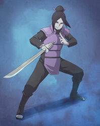 Rule 34 | 1boy, black hair, closed mouth, flak jacket, full body, hair bun, holding, holding sword, holding weapon, jacket, katana, long sleeves, looking at viewer, makidsume, male focus, naruto (series), naruto shippuuden, ninja, orochimaru (naruto), pale skin, reverse grip, slit pupils, smile, solo, sword, weapon, yellow eyes