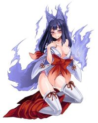 1girl animal_ears aura blush bow breasts cleavage collarbone corruption dog_ears dog_tail energy female_focus fire fox fox_ears fox_shadow_puppet fox_tail ghost_tail glowing japanese_clothes kenkou_cross kimono kitsune kitsune-tsuki kitsune-tsuki_(monster_girl_encyclopedia) kneeling long_hair looking_at_viewer magic medium_breasts miko monster_girl monster_girl_encyclopedia monster_girl_encyclopedia_ii no_panties off_shoulder official_art possessed possession purple_eyes purple_hair smile solo spirit tail thighhighs thighs white_thighhighs