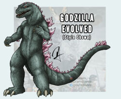 claws crossover darfrezillaarts elbow_spikes fangs giant giant_monster godzilla godzilla_(monsterverse) godzilla_(series) godzilla_evolved godzilla_x_kong:_the_new_empire highres jaw kaiju king_kong_(series) king_kong_vs._godzilla legendary_pictures long_tail monster monsterverse no_humans open_mouth red_eyes retro_artstyle scales sharp_teeth spines tail teeth toho