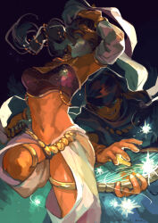 1boy 1girl absurdres akaneko_(redakanekocat) arm_up armpits artist_name bandeau breasts commentary_request dancer dark-skinned_female dark_skin dated detached_sleeves floating_hair grin highres instrument long_hair mouth_veil music navel original playing_instrument purple_bandeau smile strapless tan thigh_bands tube_top veil
