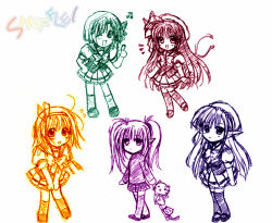 00s 5girls ;d ^^^ ahoge bent_over beret dress fuyou_kaede hairband hat lisianthus long_hair long_sleeves looking_at_viewer miniskirt multiple_girls multiple_monochrome nerine one_eye_closed open_mouth pleated_skirt pointy_ears primula sailor_collar school_uniform serafuku shigure_asa shuffle! simple_background skirt smile stuffed_toy thighhighs traditional_media very_long_hair white_background