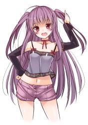 1girl ahoge blush choker detached_sleeves eighth female_focus hand_on_own_hip highres long_hair looking_at_viewer midriff navel ohta_yuichi open_mouth purple_eyes purple_hair shinjou_hikaru shorts simple_background smile solo twintails two_side_up white_background