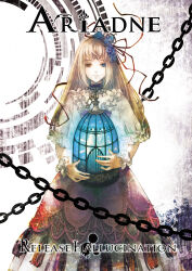 Rule 34 | 1girl, absurdres, album name, birdcage, black choker, blonde hair, blue eyes, blue flower, blue rose, cage, chain, choker, closed mouth, expressionless, flower, frilled cuffs, frilled shirt collar, frilled sleeves, frills, gears, green eyes, group name, hair flower, hair ornament, hayu (atelier tenshi), heterochromia, highres, holding, holding cage, layered skirt, long hair, long sleeves, purple skirt, release hallucination, rose, shirt, skirt, solo, very long hair, white shirt, wrist cuffs