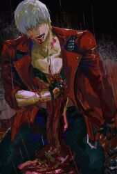 1boy belt_bra bleeding blood blood_on_clothes blood_on_face blood_on_hands blue_eyes coat dante_(devil_may_cry) devil_may_cry devil_may_cry_(series) devil_may_cry_3 fingerless_gloves gloves highres holding injury looking_at_viewer male_focus organs orr2kln3tjteydj pool_of_blood red_coat solo upper_body weapon white_hair